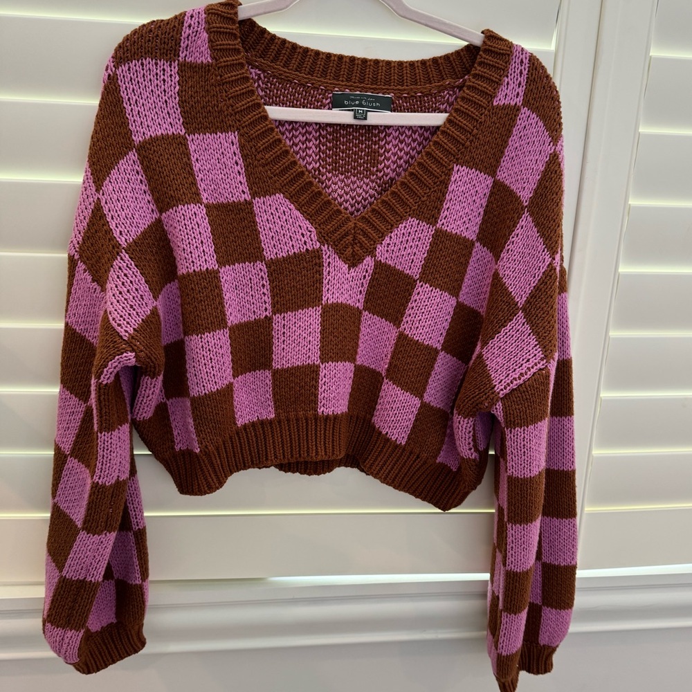 Pink and brown checkered sweater